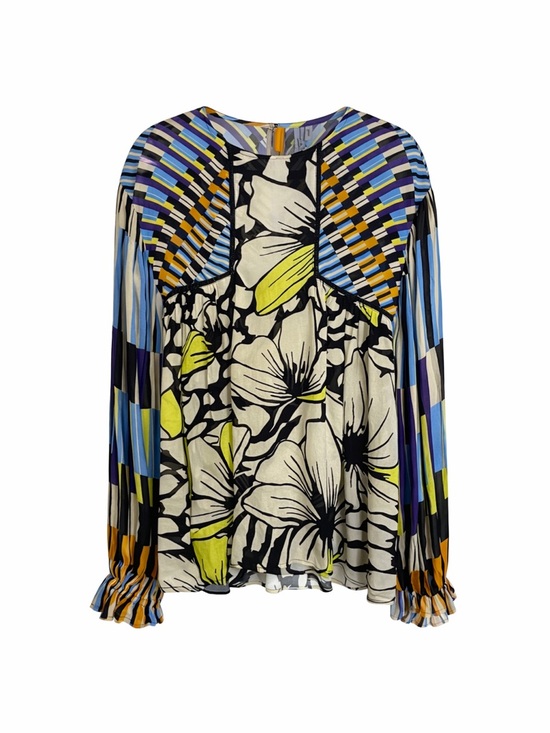 Anthropologie Tops - Anthropologie Black Cream Yellow Blue Floral Striped Long-Sleeve Blouse